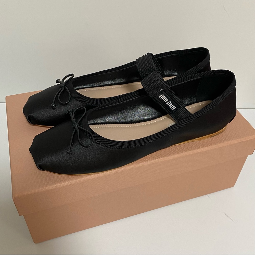 Miu Miu Black Satin Flats with Bow